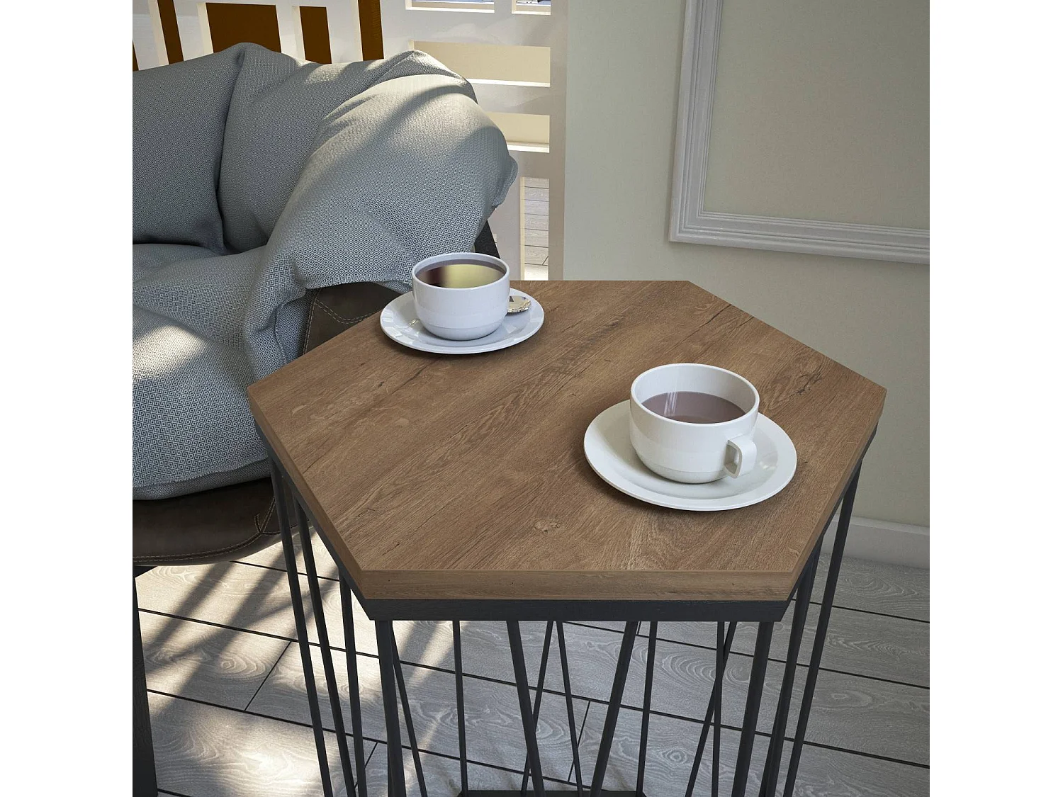 Table d'appoint hexagonale Supellex Bois Chêne foncé et Métal Noir