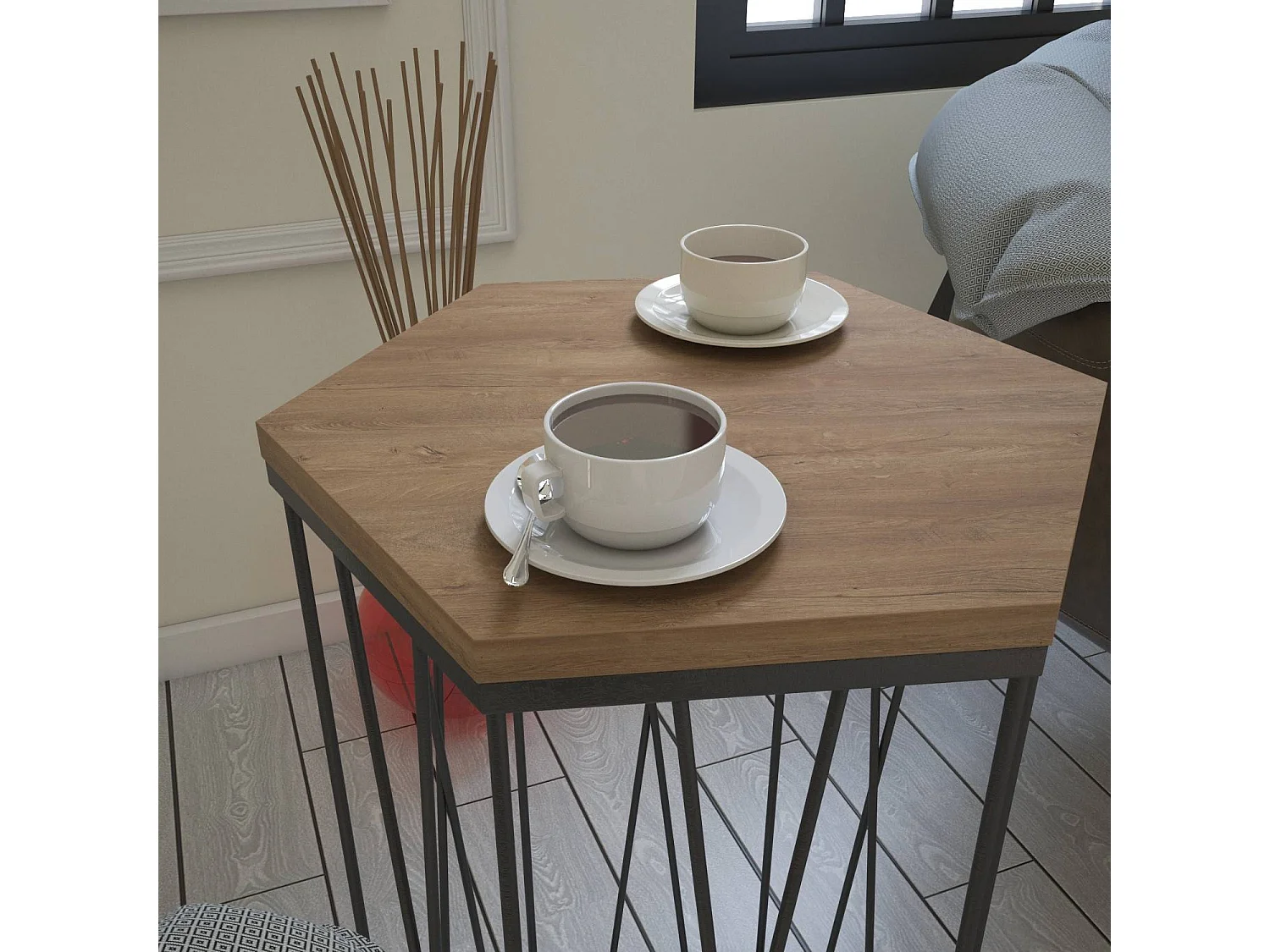 Table d'appoint hexagonale Supellex Bois Chêne foncé et Métal Noir