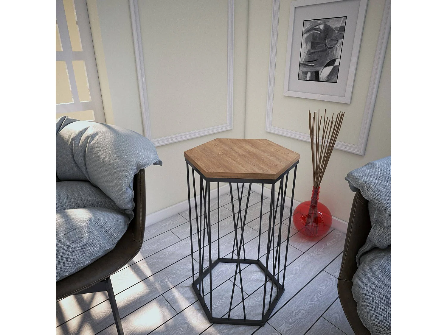 Table d'appoint hexagonale Supellex Bois Chêne foncé et Métal Noir