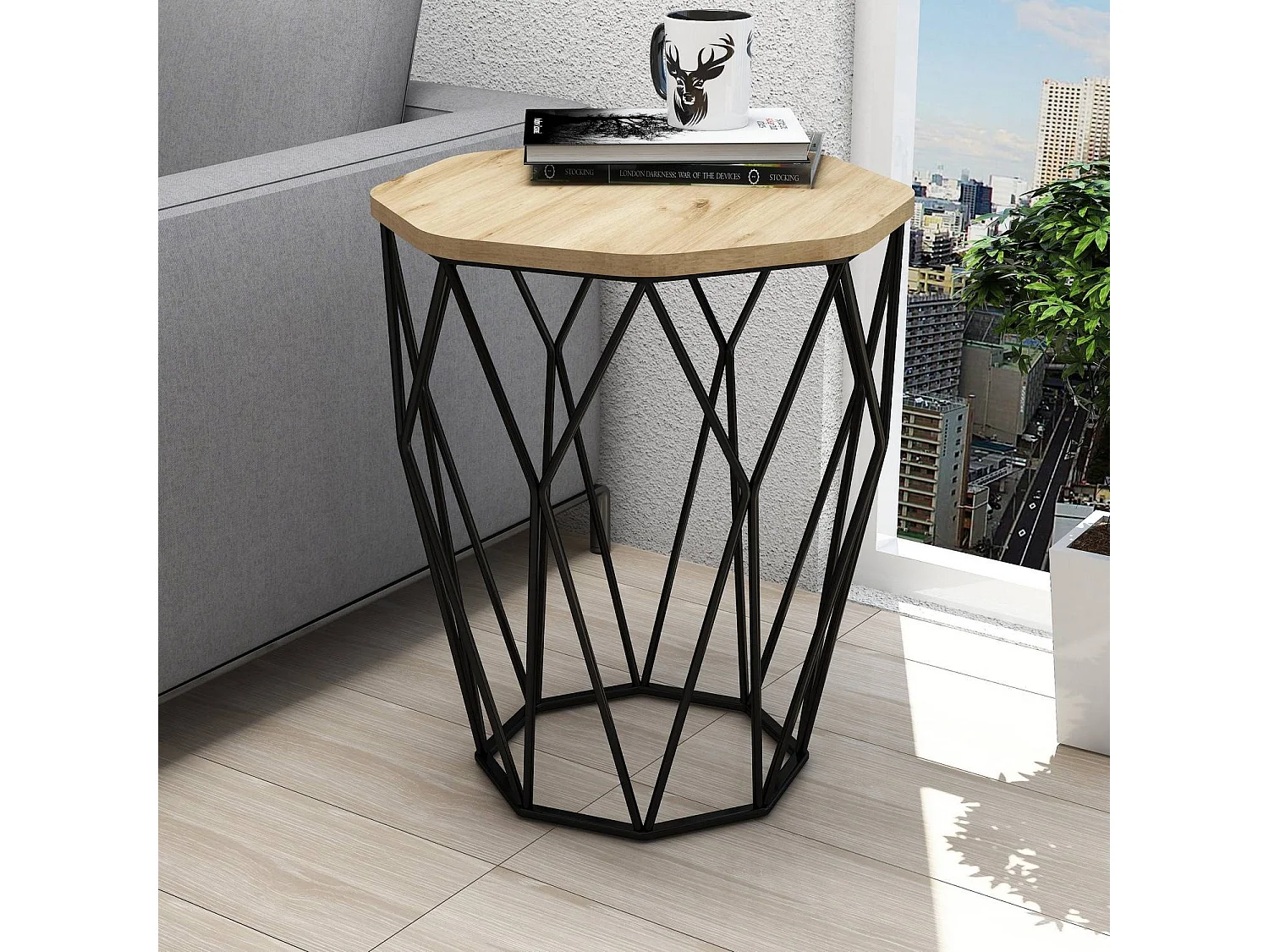 Table Heptagone Zachem Panneau Métal Noir et Bois Naturel épicéa