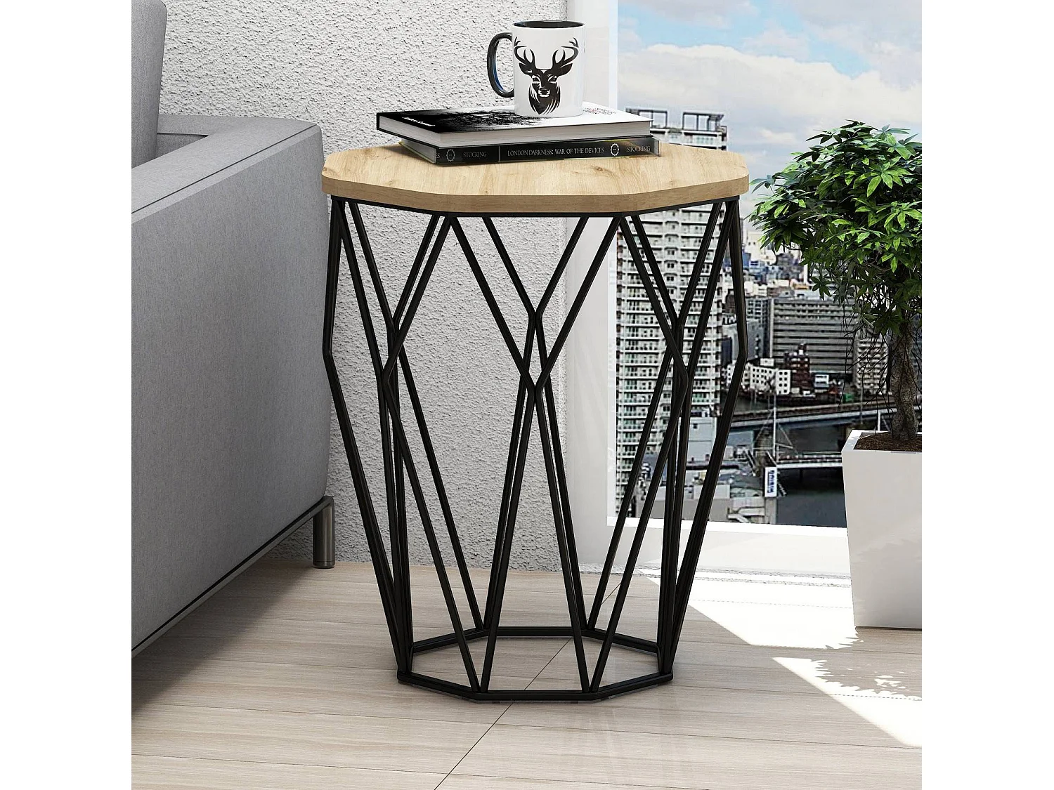 Table Heptagone Zachem Panneau Métal Noir et Bois Naturel épicéa