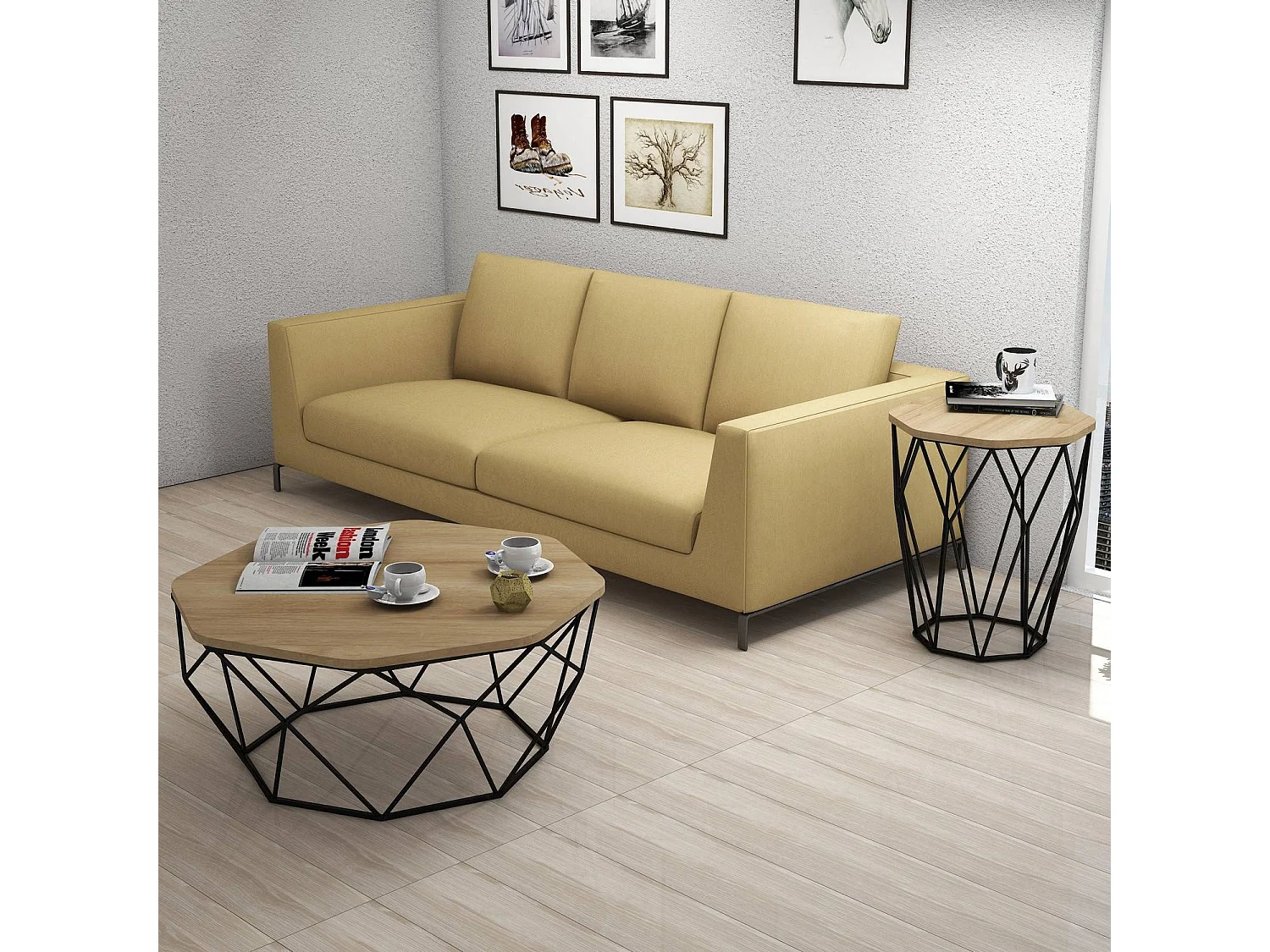 Table Heptagone Zachem Panneau Métal Noir et Bois Naturel épicéa