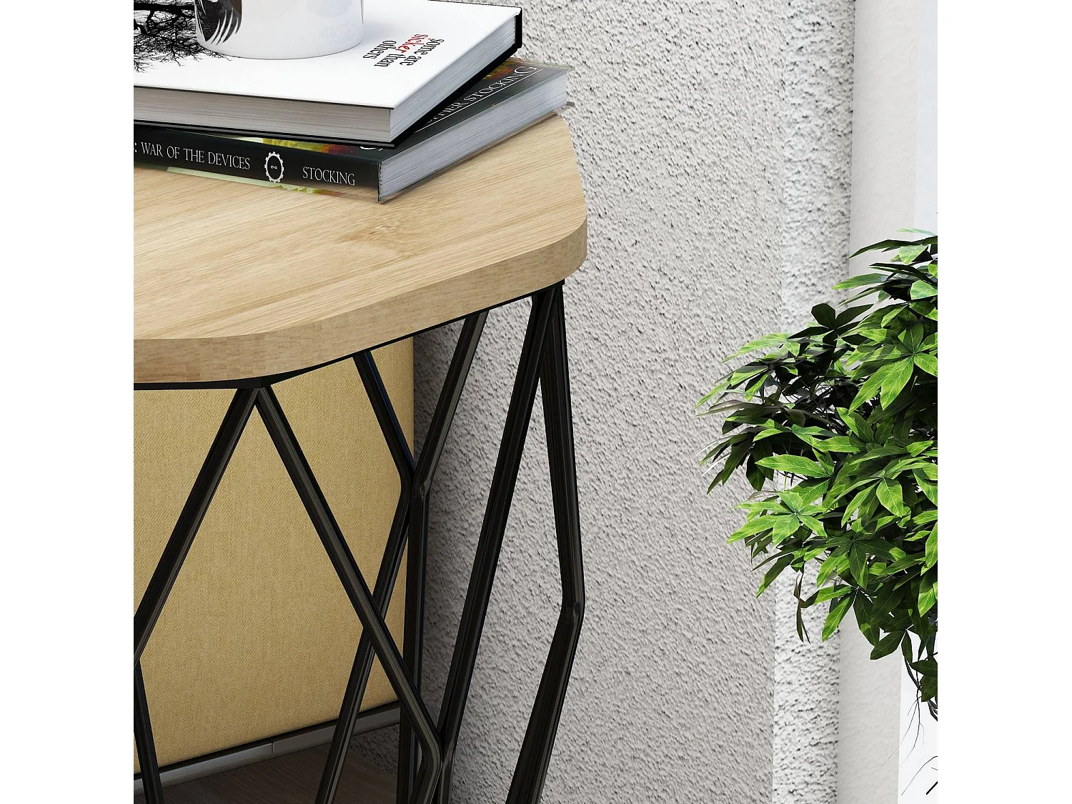 Table Heptagone Zachem Panneau Métal Noir et Bois Naturel épicéa