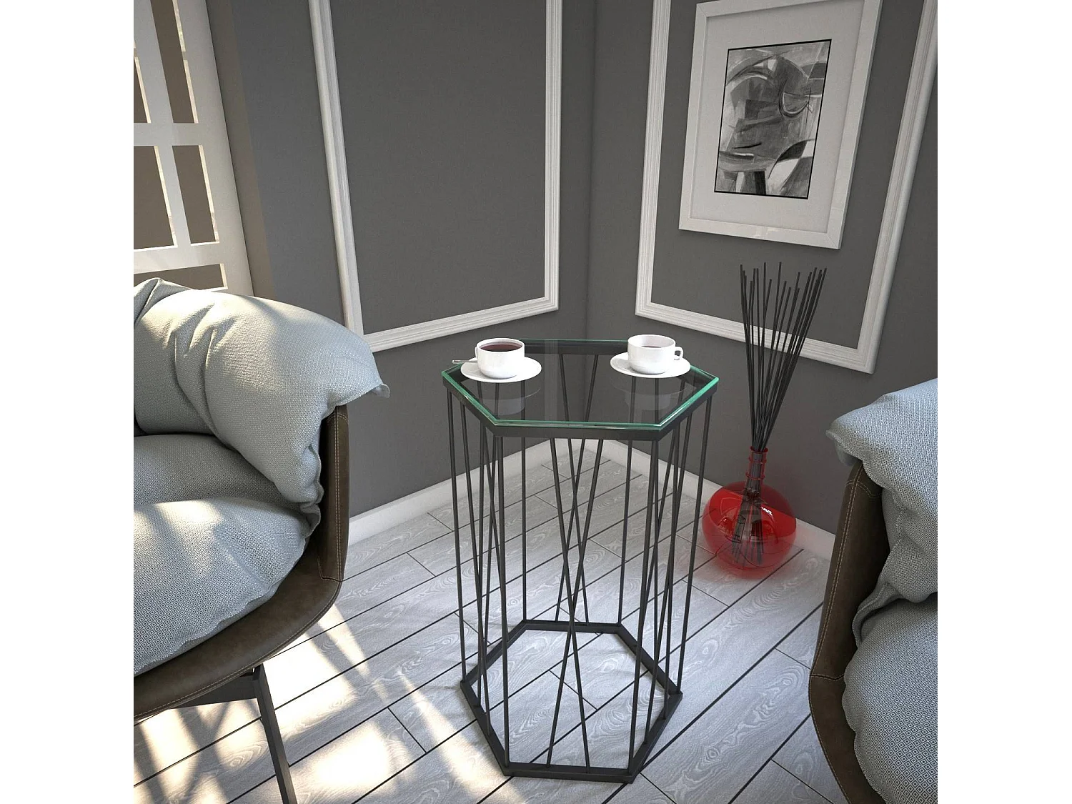 Table d'appoint hexagonale Supellex Verre Transparent et Métal Noir