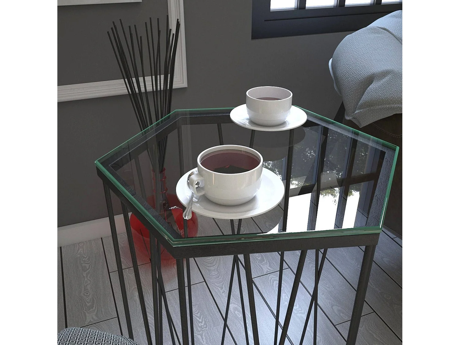 Table d'appoint hexagonale Supellex Verre Transparent et Métal Noir