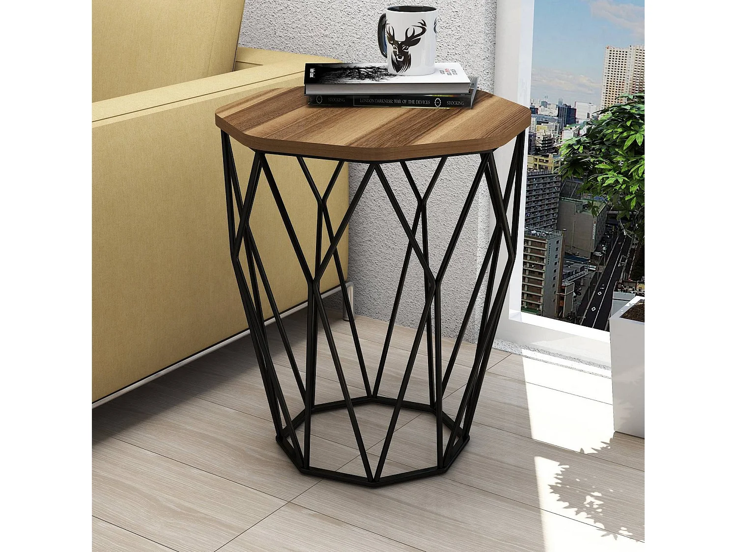 Table Heptagone Zachem Panneau Métal Noir et Bois Naturel