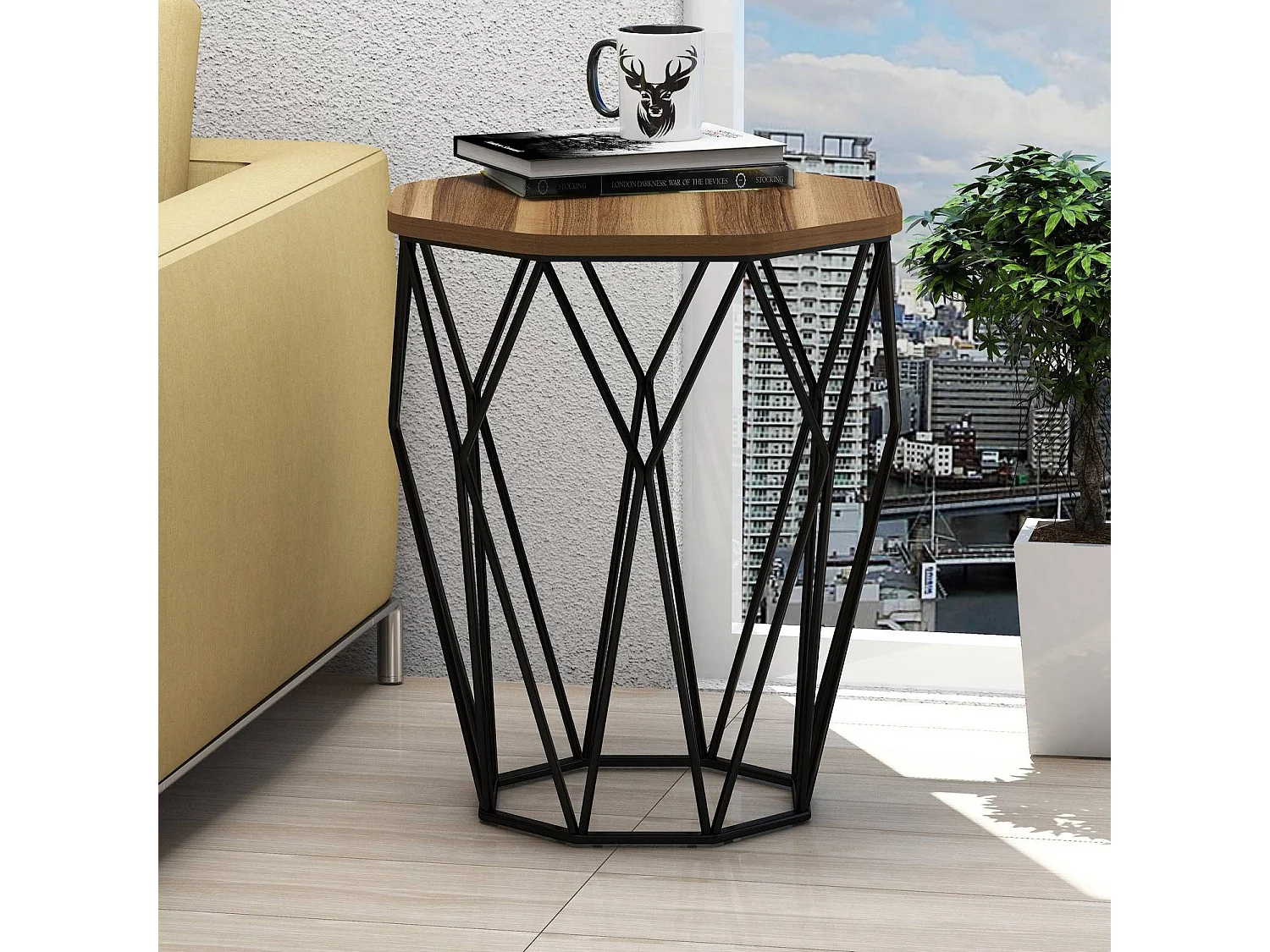 Table Heptagone Zachem Panneau Métal Noir et Bois Naturel