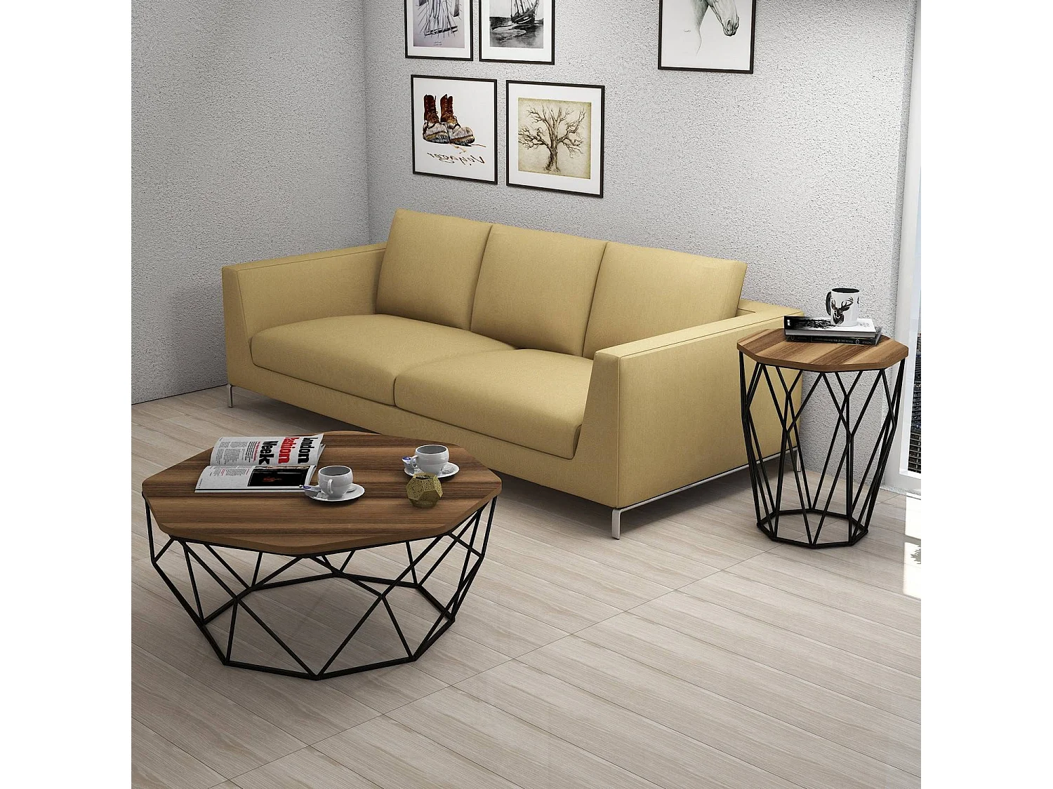 Table Heptagone Zachem Panneau Métal Noir et Bois Naturel