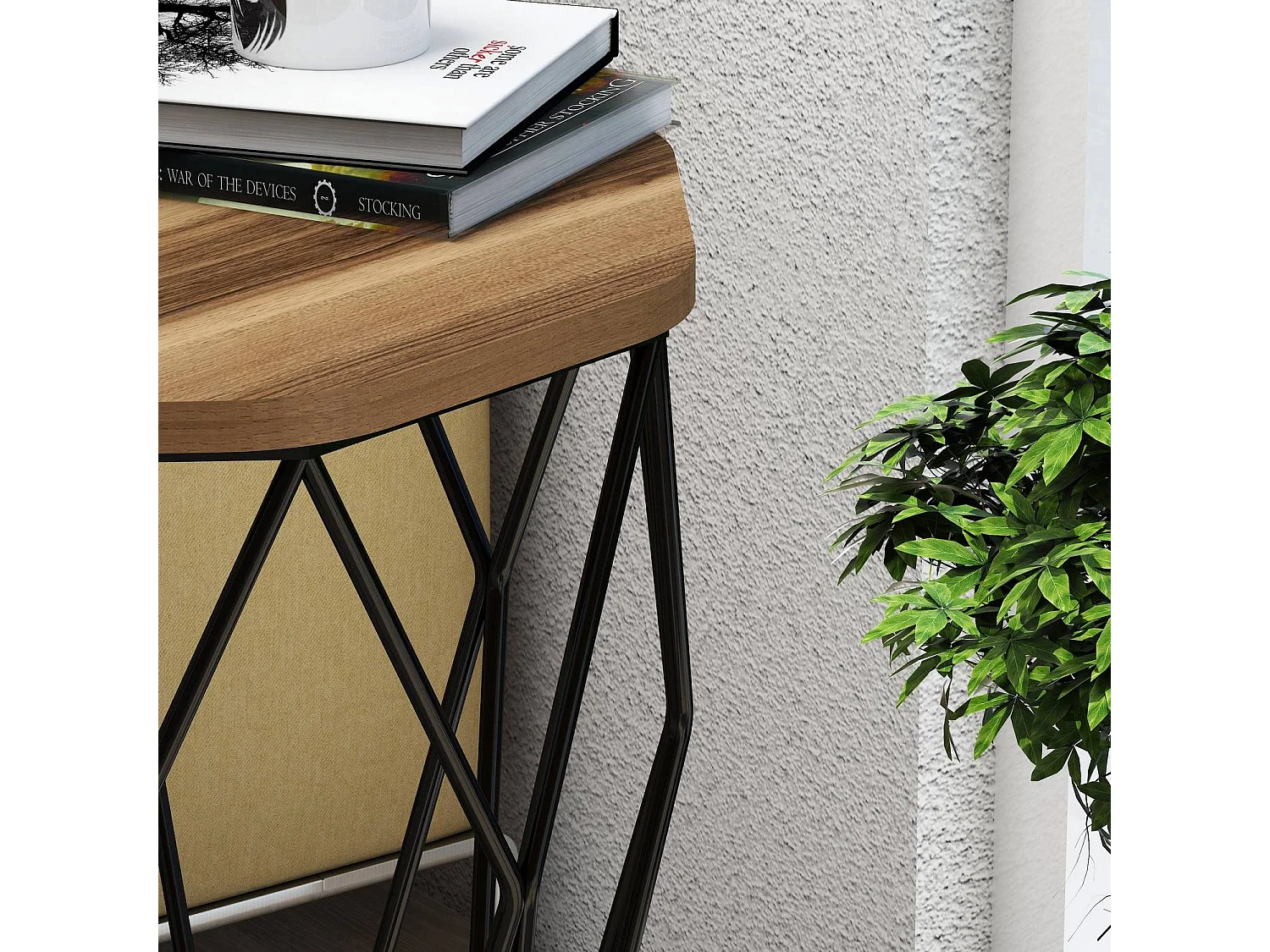 Table Heptagone Zachem Panneau Métal Noir et Bois Naturel