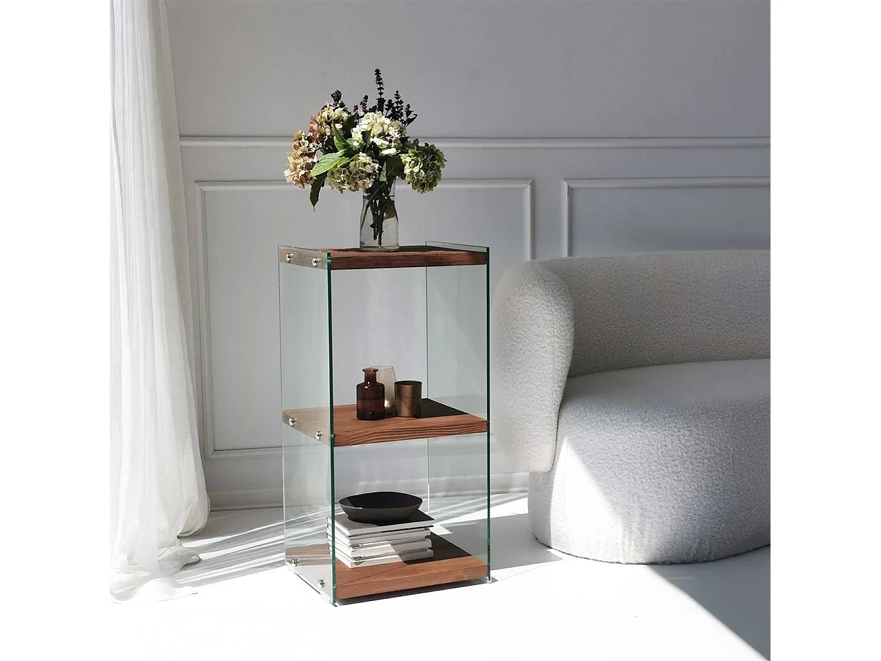 Elegante libreria in legno massello, 40 cm x 80 cm x 35 cm | Ripiani in vetro temperato al 100% | Finitura naturale | Elegante contenitore p