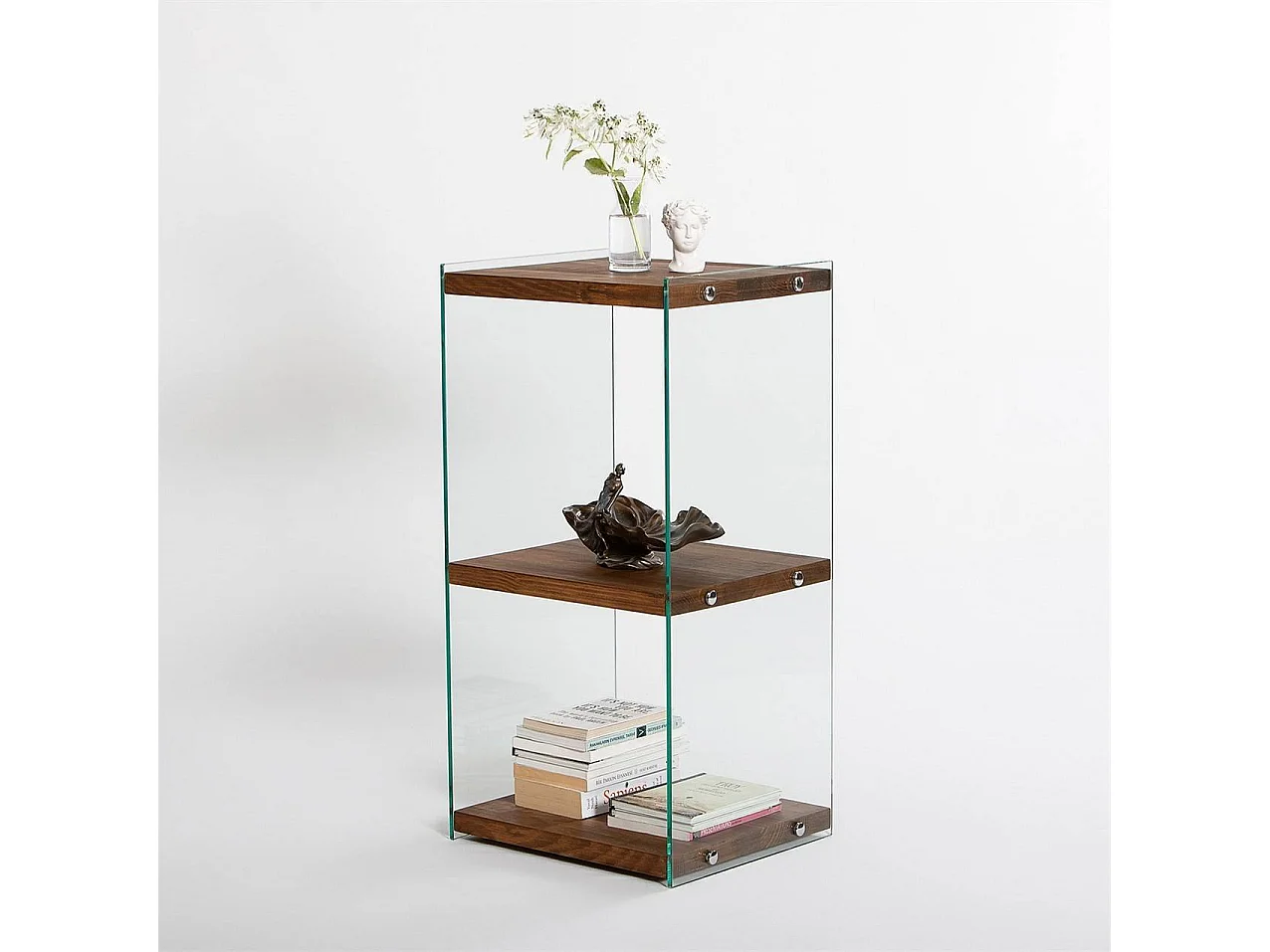 Elegante libreria in legno massello, 40 cm x 80 cm x 35 cm | Ripiani in vetro temperato al 100% | Finitura naturale | Elegante contenitore p