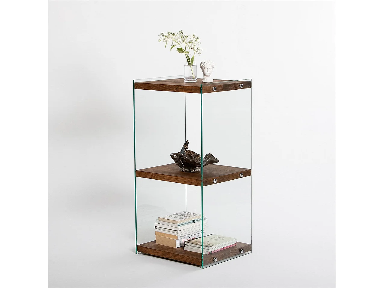 Elegante libreria in legno massello, 40 cm x 80 cm x 35 cm | Ripiani in vetro temperato al 100% | Finitura naturale | Elegante contenitore p