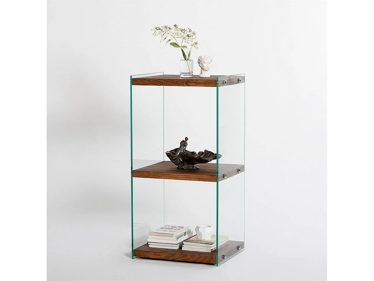 Elegante librería de madera maciza, 40 cm x 80 cm x 35 cm | Estantes de vidrio 100 % templado | Acabado natural | Almacenamiento con estilo