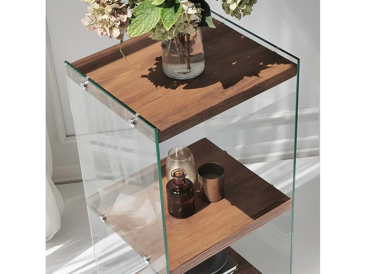 Elegante librería de madera maciza, 40 cm x 80 cm x 35 cm | Estantes de vidrio 100 % templado | Acabado natural | Almacenamiento con estilo