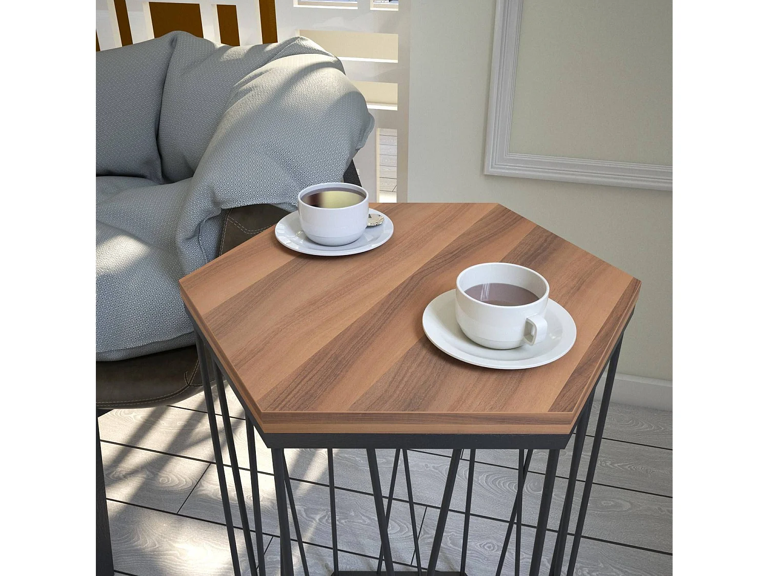 Table d'appoint hexagonale Supellex Bois Naturel et Métal Noir