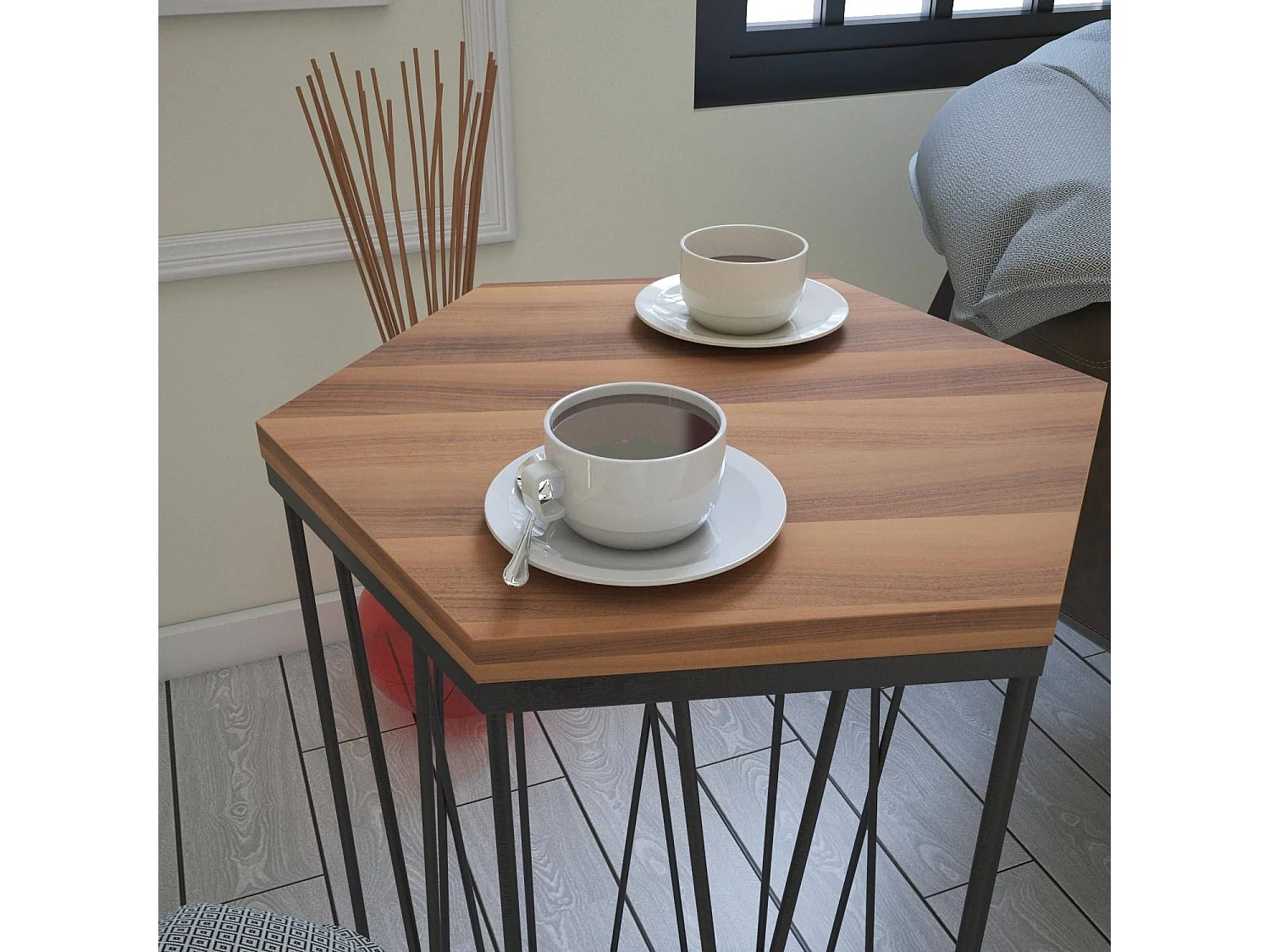 Table d'appoint hexagonale Supellex Bois Naturel et Métal Noir