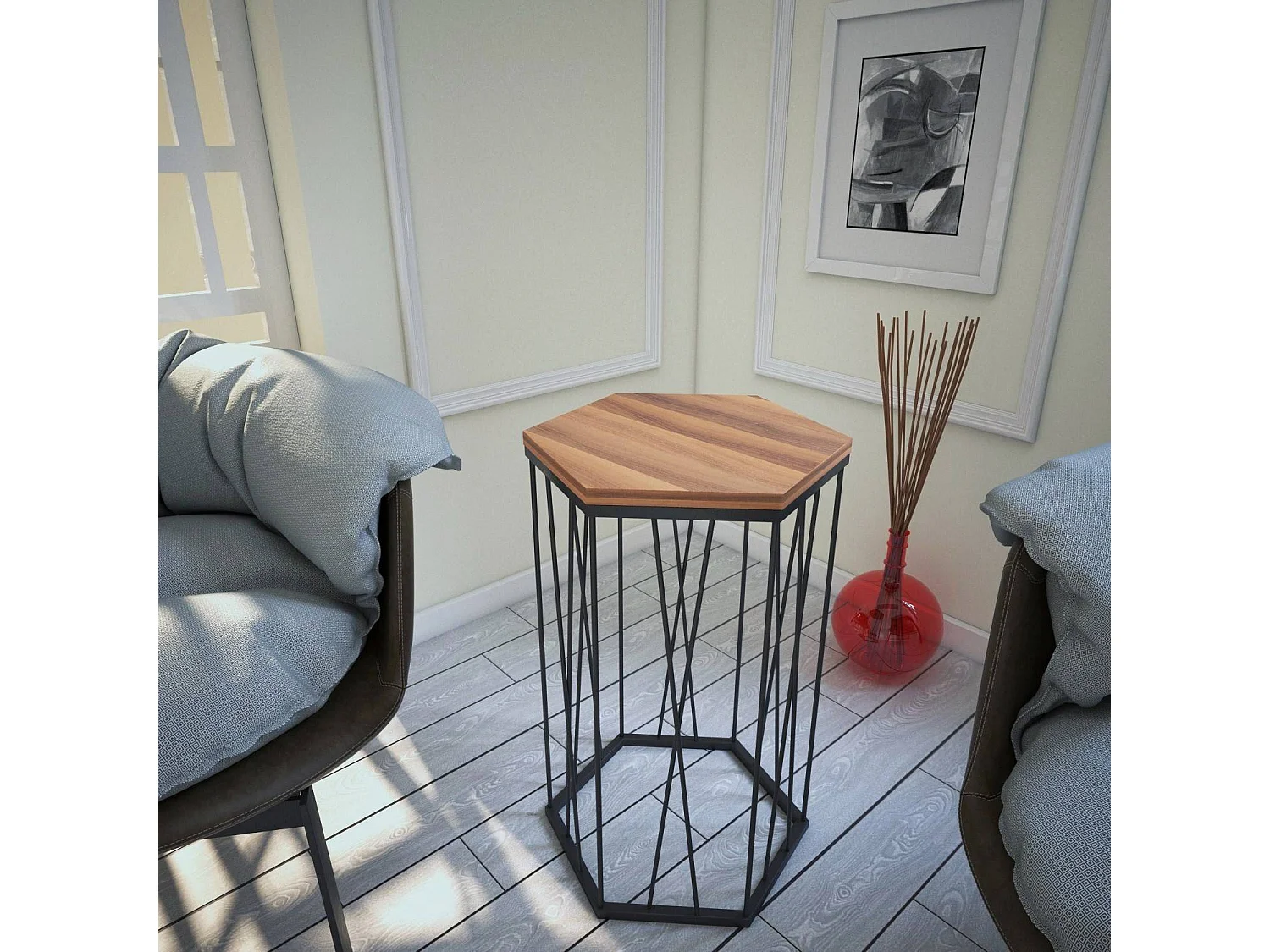 Table d'appoint hexagonale Supellex Bois Naturel et Métal Noir