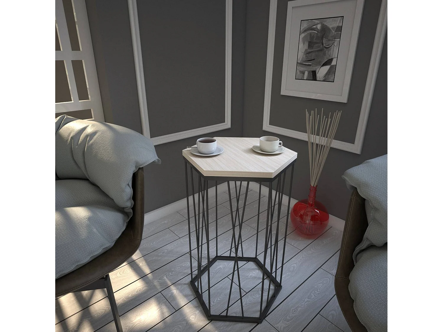 Table d'appoint hexagonale Supellex Bois Chêne et Métal Noir