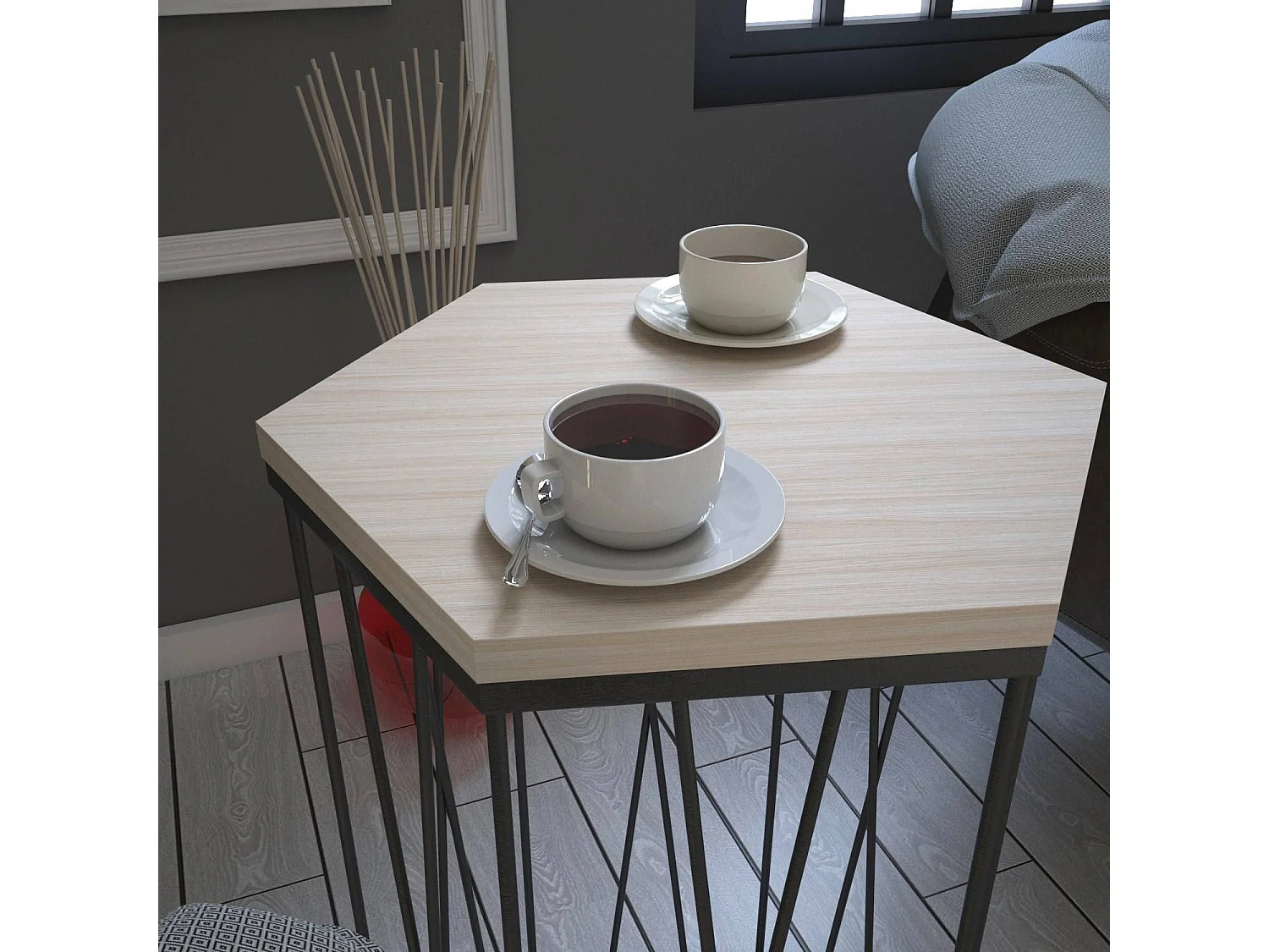 Table d'appoint hexagonale Supellex Bois Chêne et Métal Noir