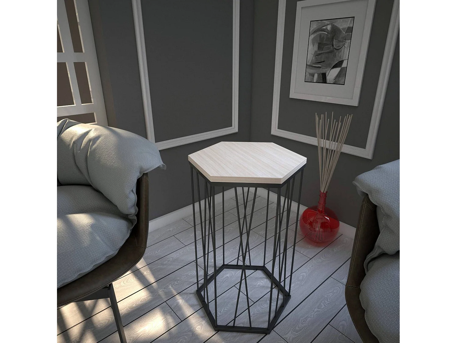 Table d'appoint hexagonale Supellex Bois Chêne et Métal Noir