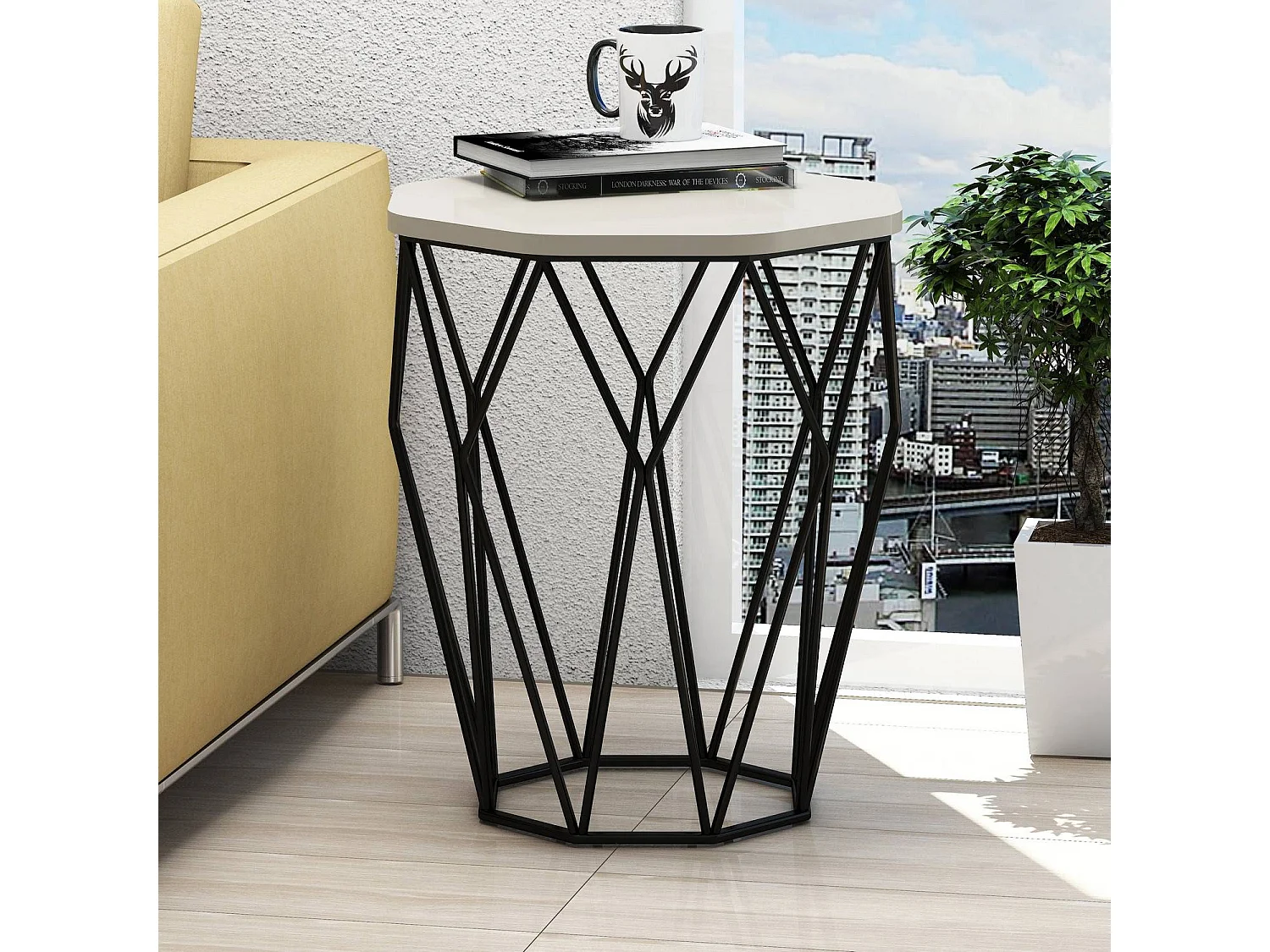 Table Heptagone Zachem Panneau Métal Noir et Bois Blanc Blanc créme