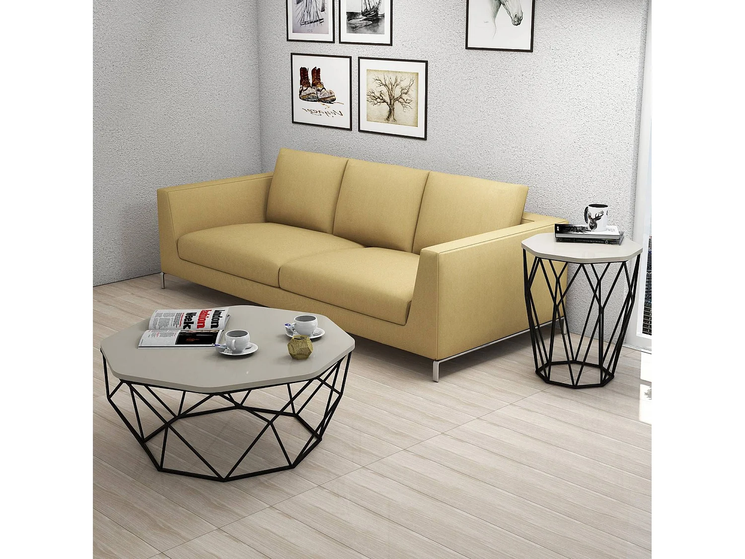 Table Heptagone Zachem Panneau Métal Noir et Bois Blanc Blanc créme