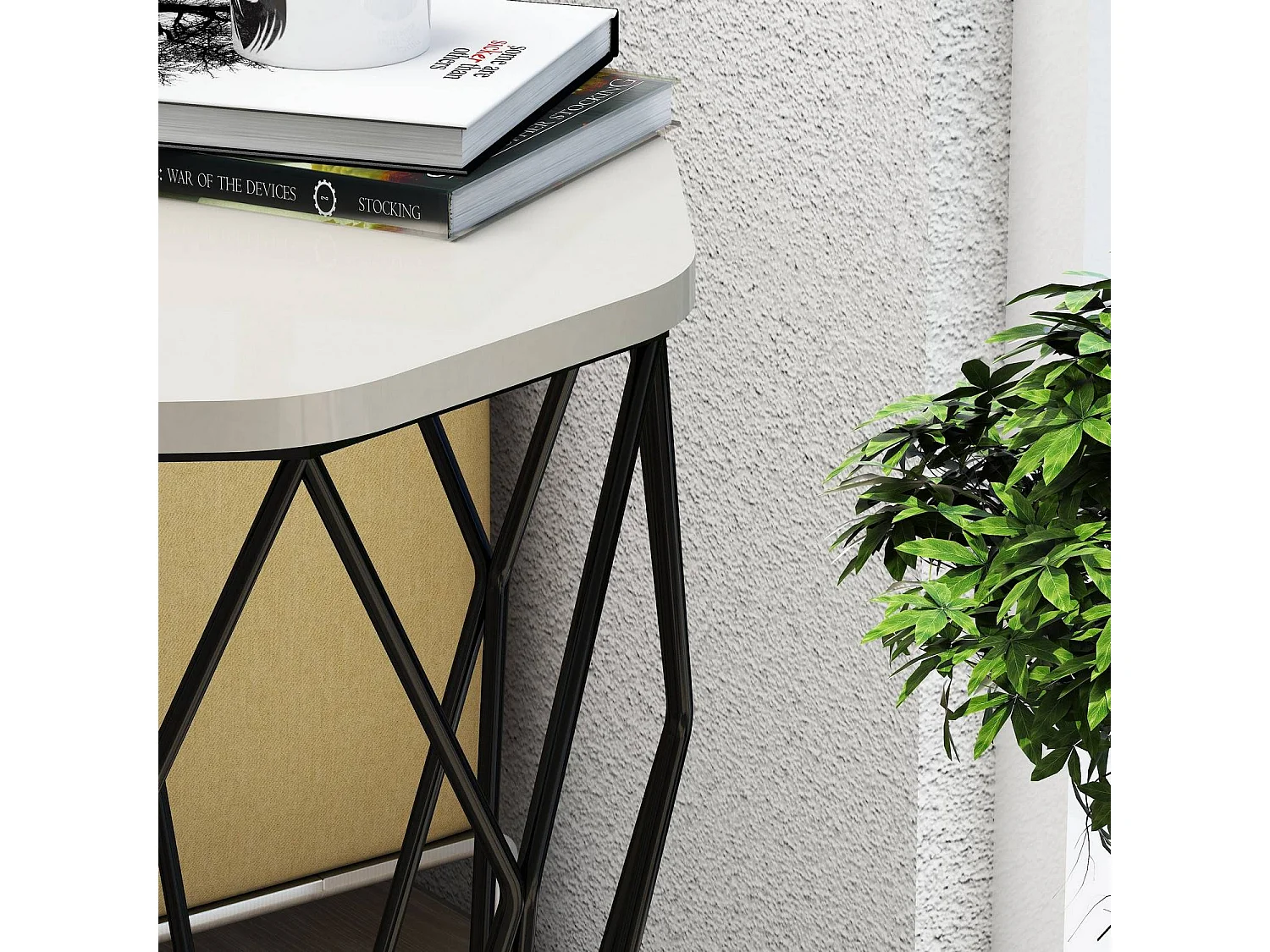 Table Heptagone Zachem Panneau Métal Noir et Bois Blanc Blanc créme