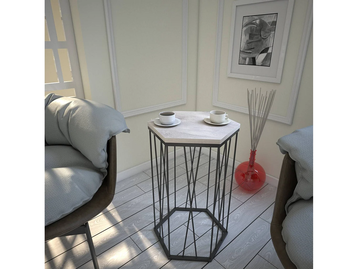 Table d'appoint hexagonale Supellex Bois Chêne clair et Métal Noir