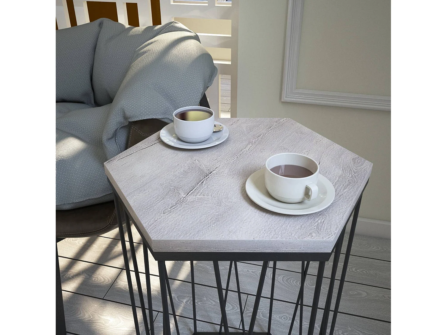 Table d'appoint hexagonale Supellex Bois Chêne clair et Métal Noir