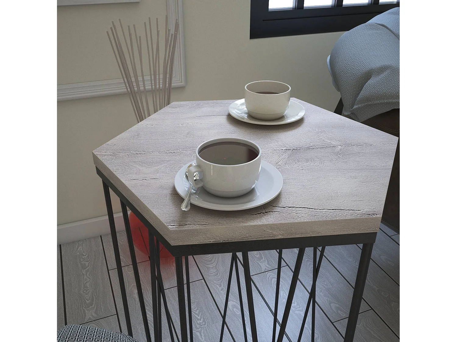 Table d'appoint hexagonale Supellex Bois Chêne clair et Métal Noir