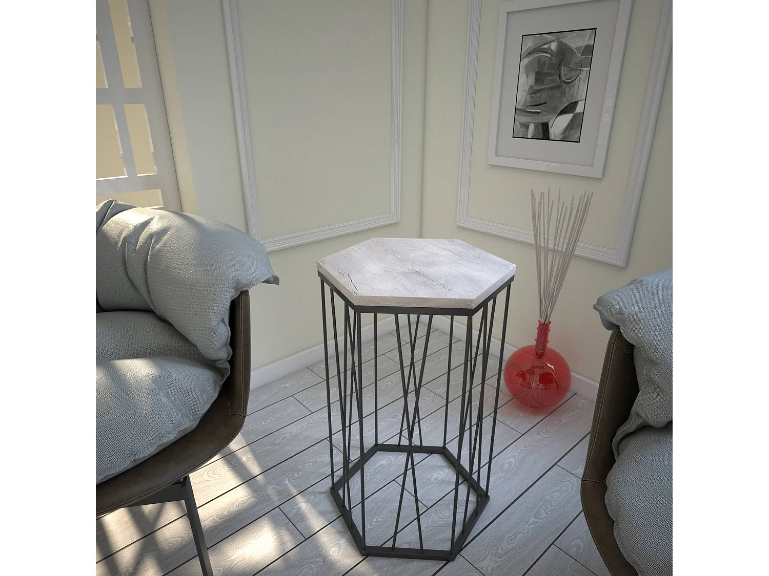 Table d'appoint hexagonale Supellex Bois Chêne clair et Métal Noir