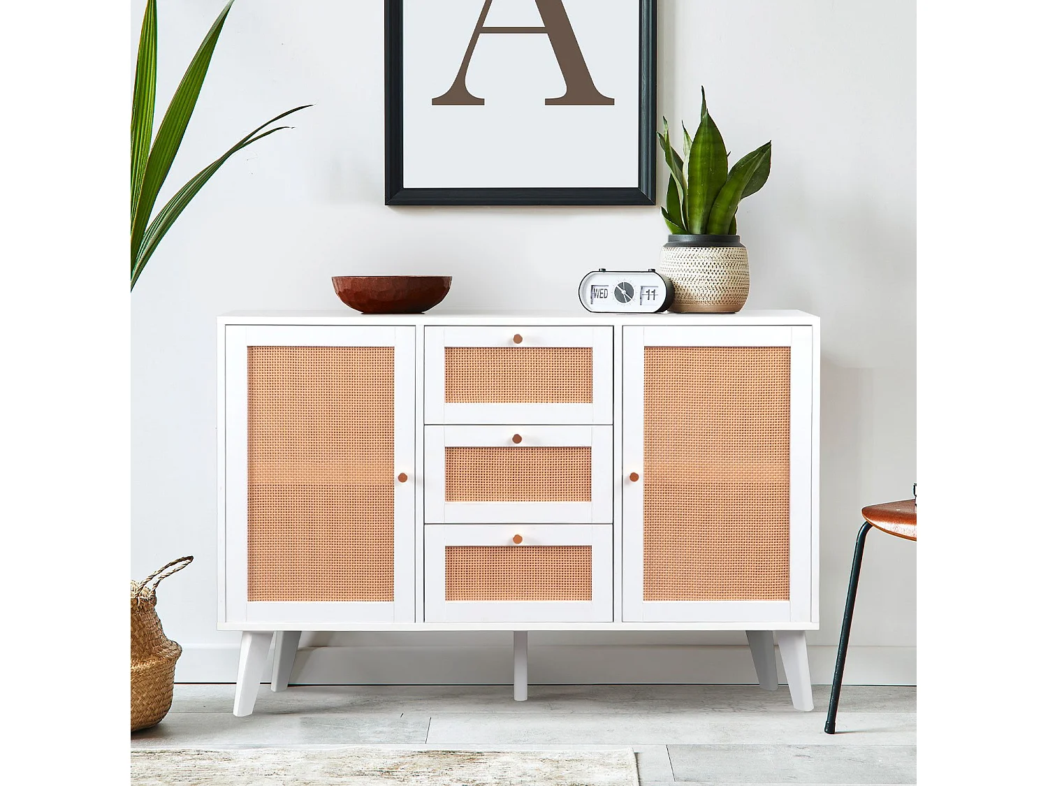 Buffet 3 tiroirs et 2 portes avec cannage Dalgora L120cm Blanc