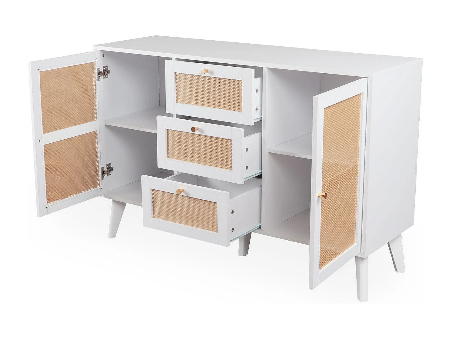 Buffet 3 tiroirs et 2 portes avec cannage Dalgora L120cm Blanc