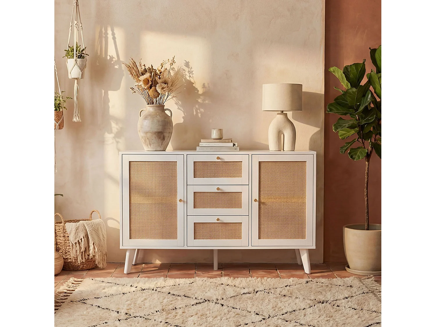 Buffet 3 tiroirs et 2 portes avec cannage Dalgora L120cm Blanc