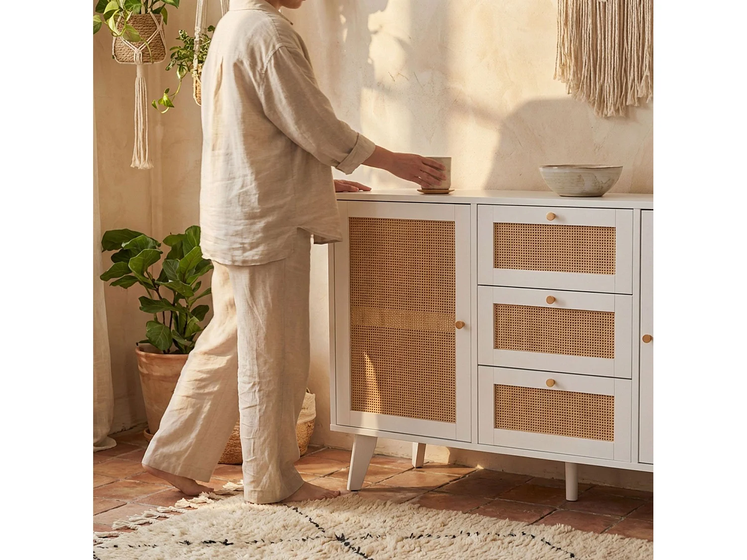 Buffet 3 tiroirs et 2 portes avec cannage Dalgora L120cm Blanc