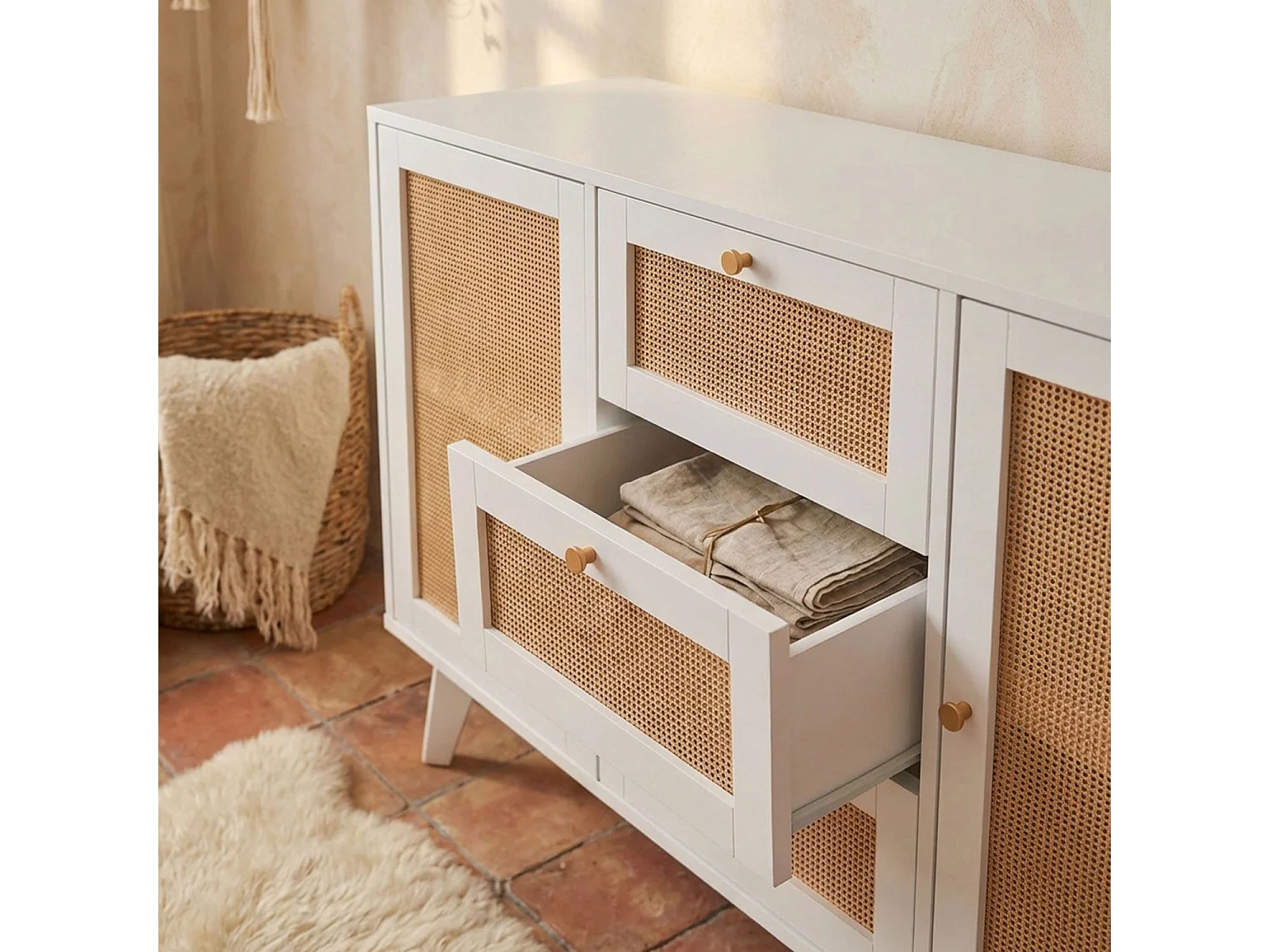 Buffet 3 tiroirs et 2 portes avec cannage Dalgora L120cm Blanc