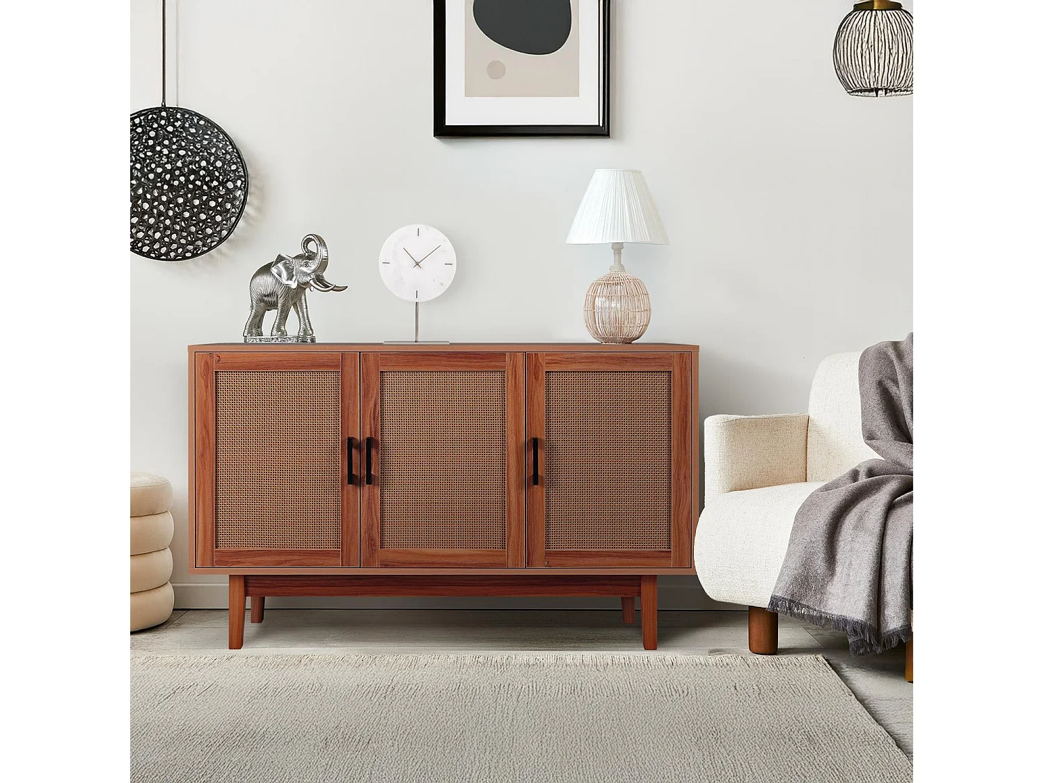 Buffet moderne L113cm Poetis 3 portes avec cannage Rotin et Bois