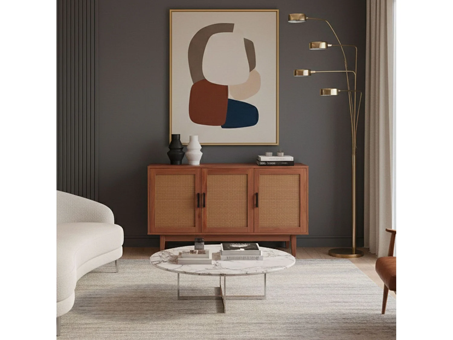 Buffet moderne L113cm Poetis 3 portes avec cannage Rotin et Bois