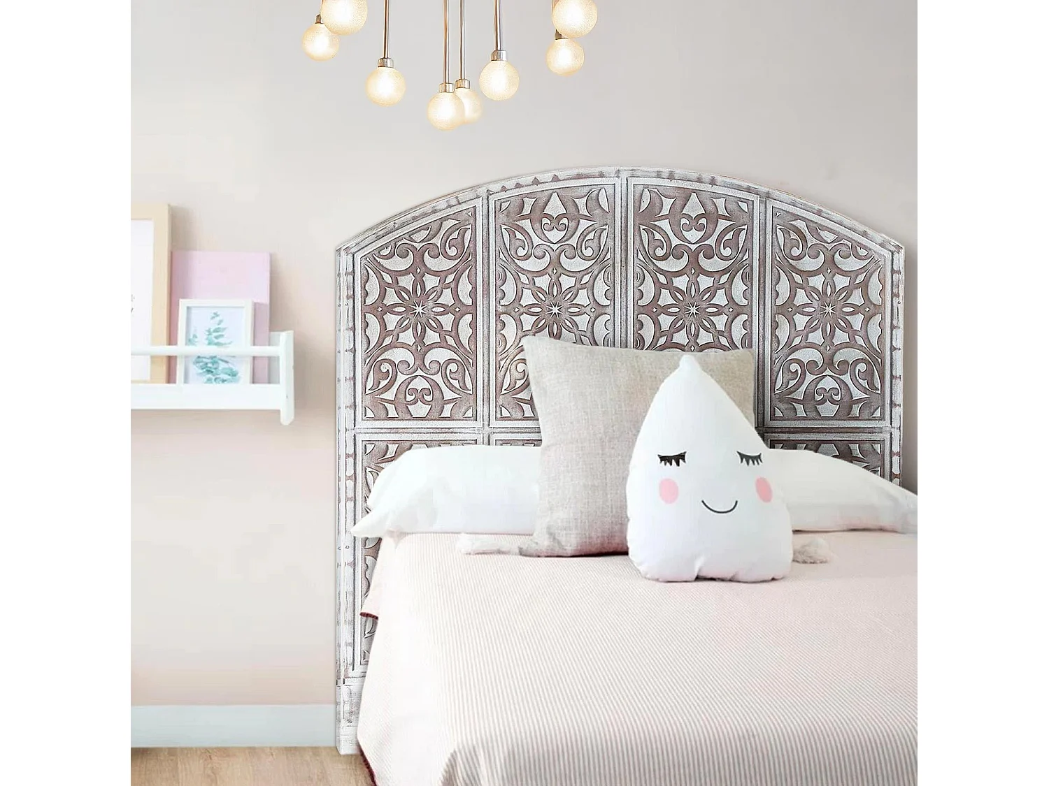 Tête de lit style oriental bois sculpté Linium 120cm Blanc patiné