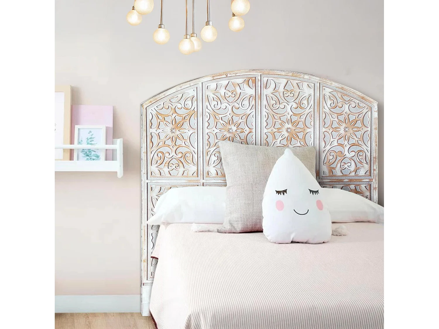 Tête de lit style oriental bois sculpté Linium 120cm Gris patiné