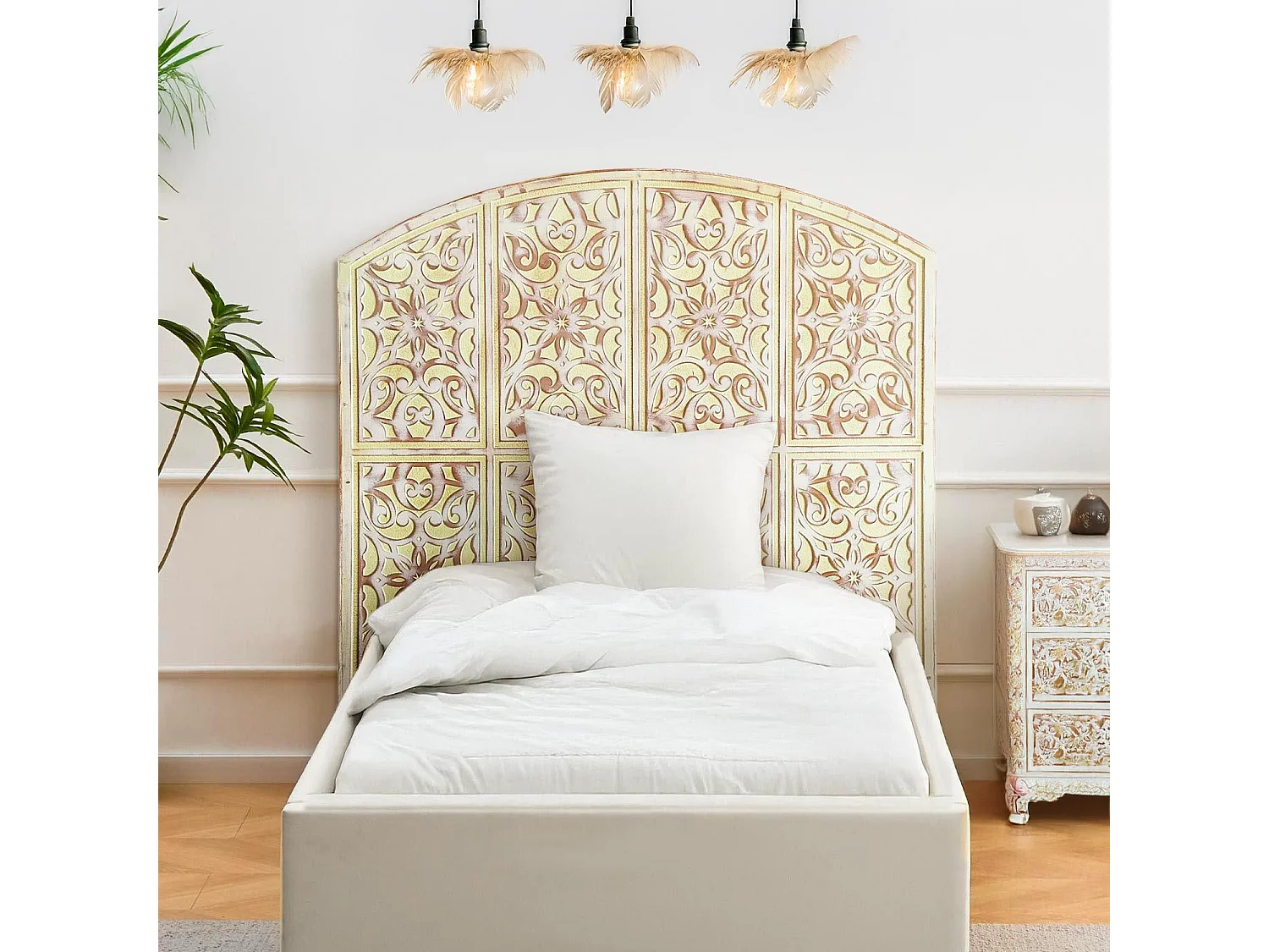 Tête de lit style oriental bois sculpté Linium 120cm Jaune patiné