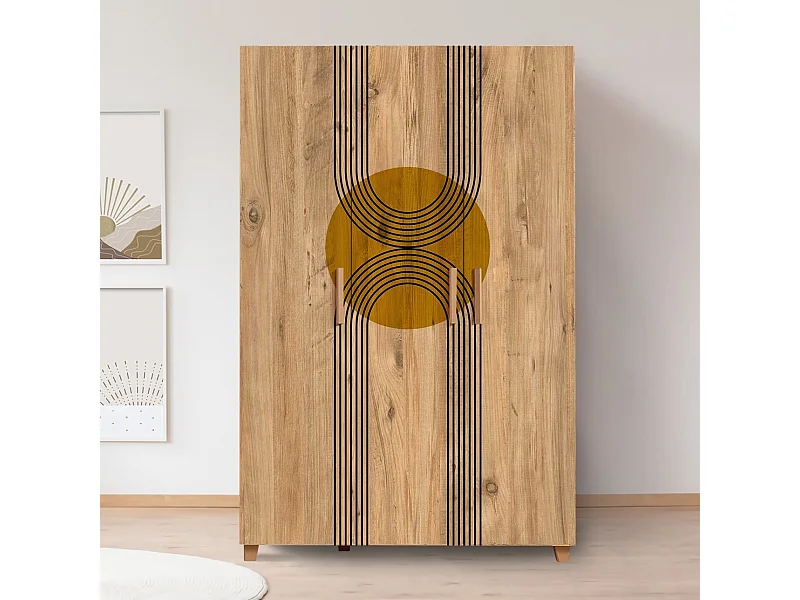 Armoire 3 portes Perth L120cm Bois clair Motif Géométrique, Cercle Jaune et ligne Noir