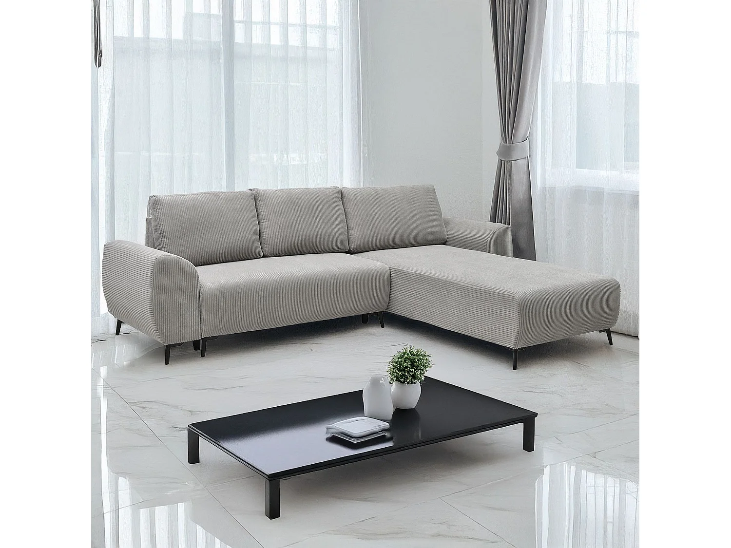 Ecksofa Rechts Ausklappbar Samt Rippstoff Grau Paolo mit Bequemer und Eleganter Liegefläche