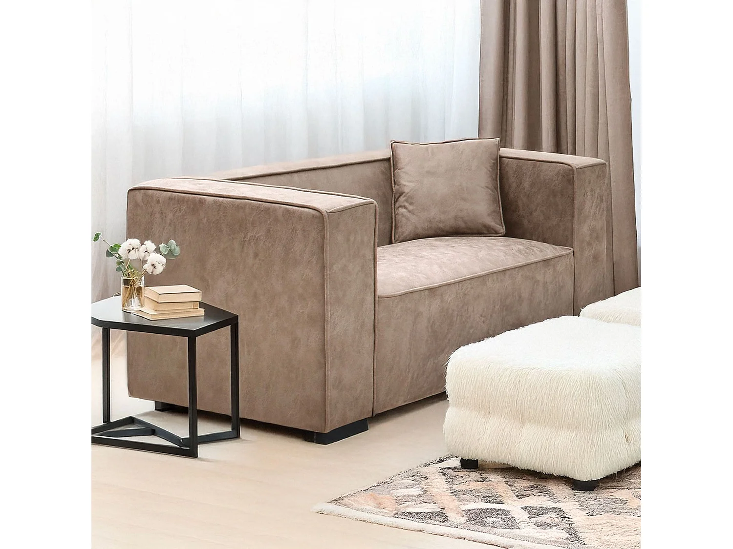 Fauteuil large Macao Tissu effet peau Vintage Beige