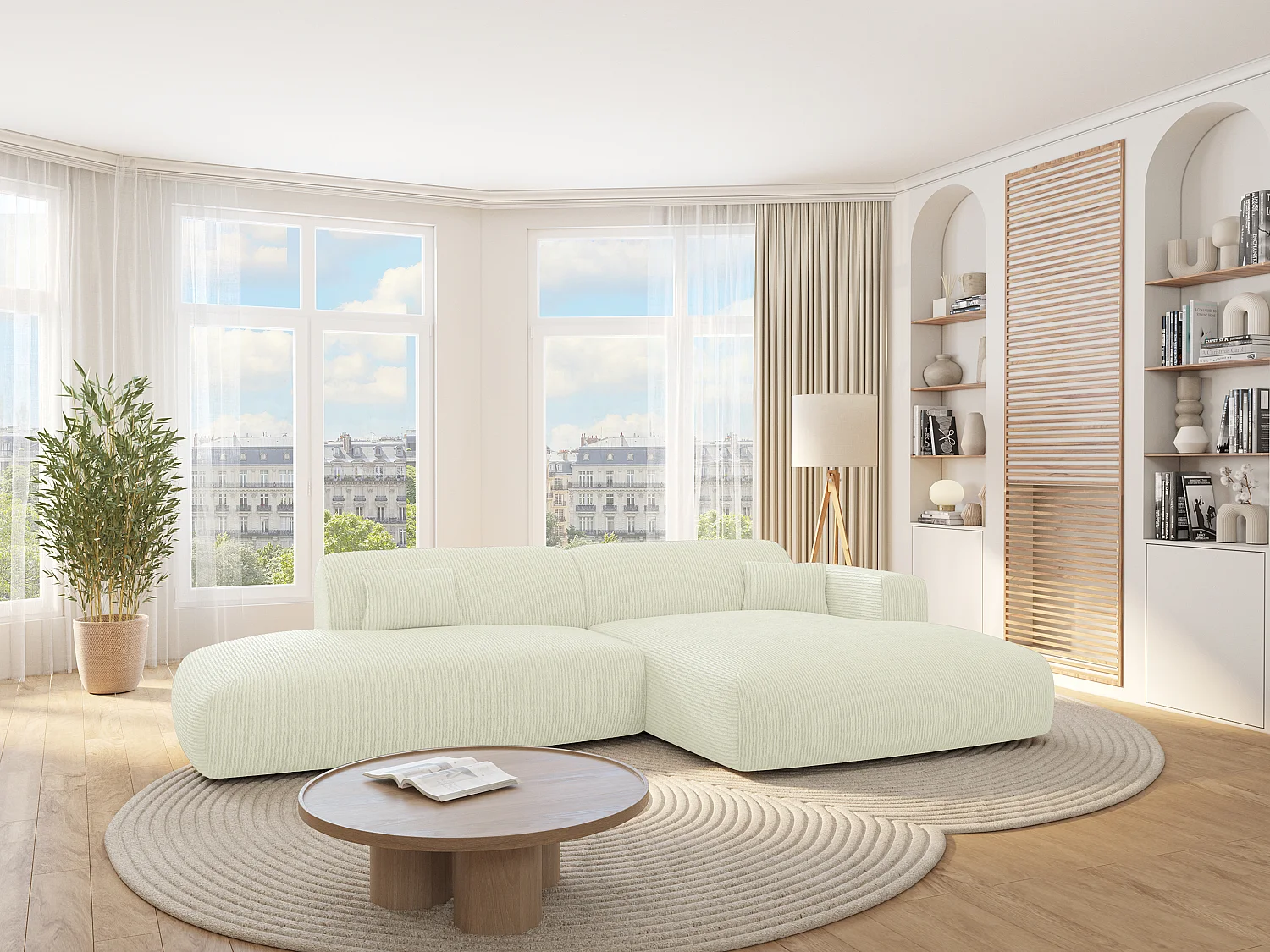 Canapé d'angle droit ouvert en velours côtelé fines côtes blanc cassé POGNI de Maison Céphy