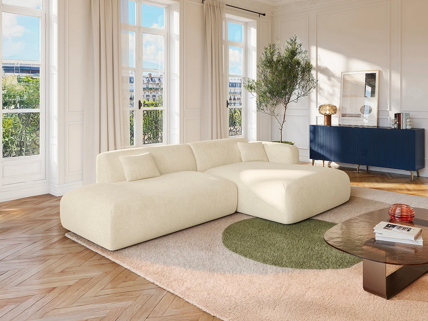 Hoekbank met open hoek rechts van gebroken witte ribfluweel met fijne ribbels POGNI van Maison Céphy