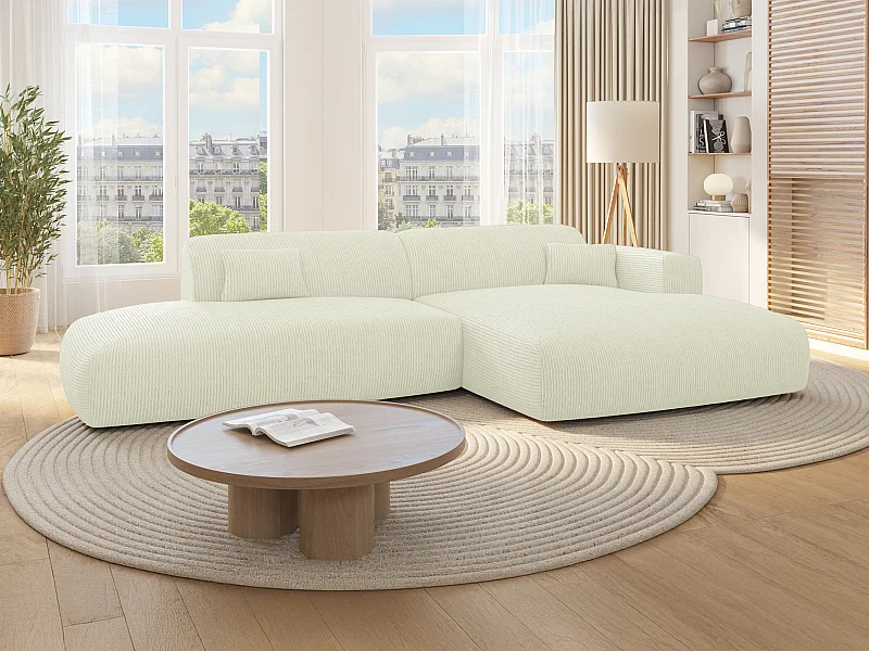 Canapé d'angle droit ouvert en velours côtelé fines côtes blanc cassé POGNI de Maison Céphy