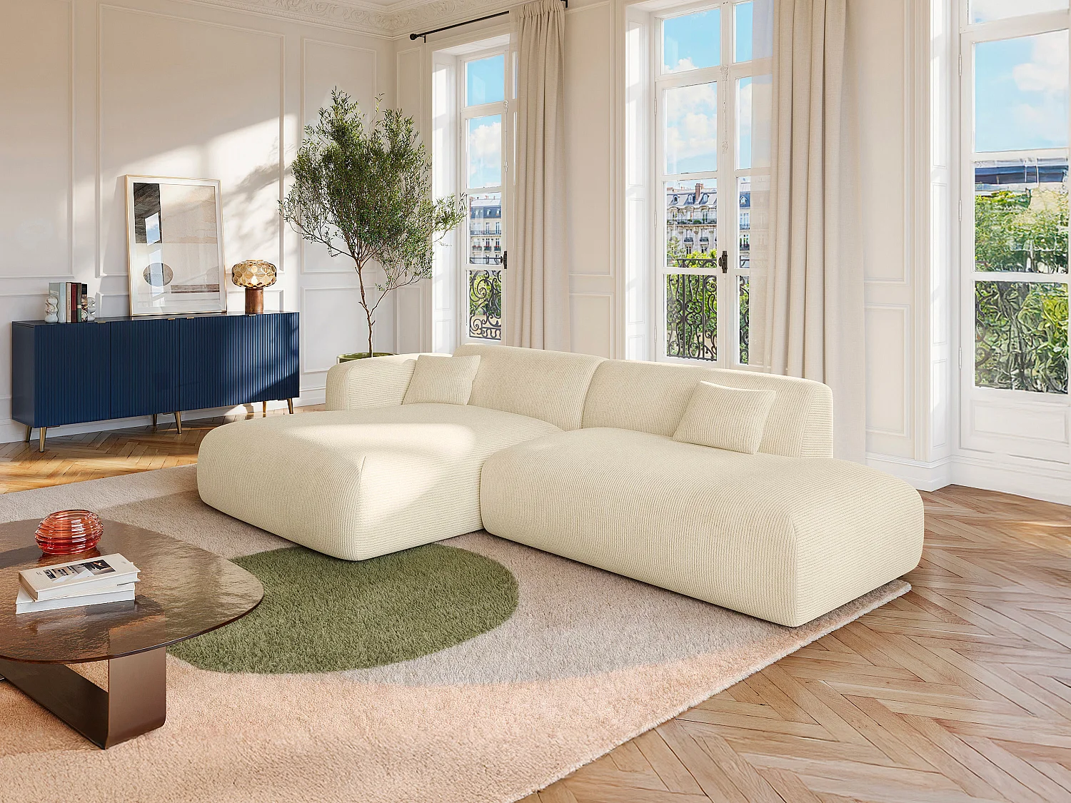 Hoekbank met open hoek links van gebroken witte ribfluweel met fijne ribbels POGNI van Maison Céphy