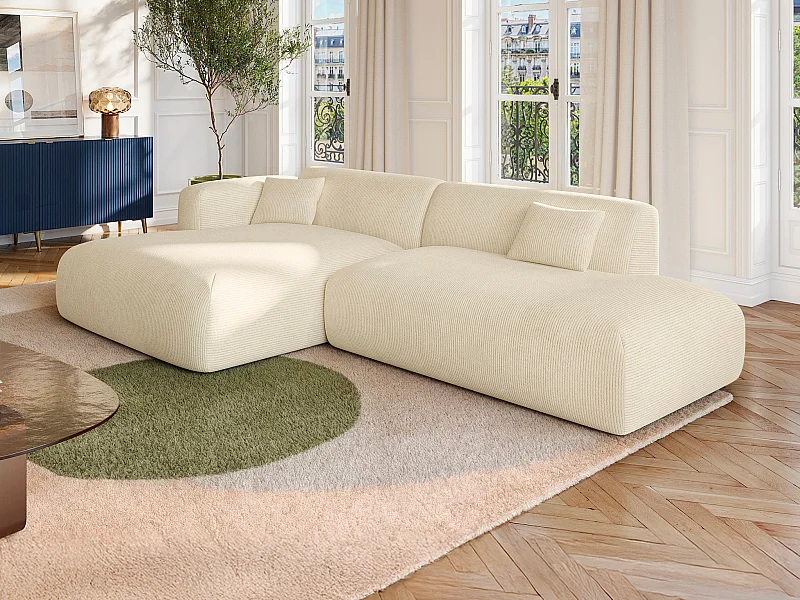 Canapé d'angle gauche ouvert en velours côtelé fines côtes blanc cassé POGNI de Maison Céphy