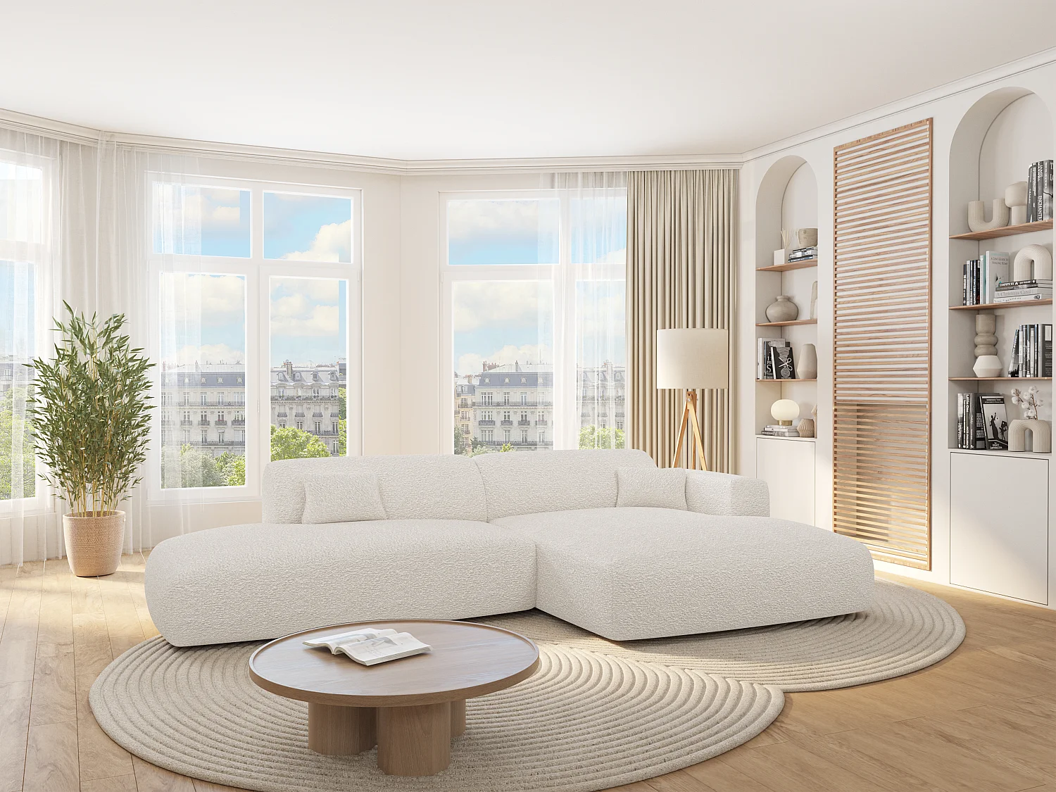 Sofá de canto direito aberto em tecido bouclé branco - POGNI de Maison Céphy